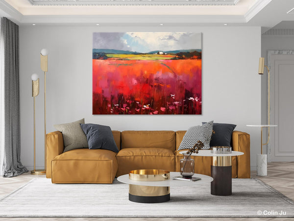 Abstract Canvas Painting, Landscape Paintings for Living Room, Red Poppy Field Painting, Original Hand Painted Wall Art, Abstract Landscape Art
