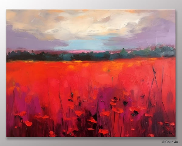 Simple Modern Art, Original Landscape Painting, Landscape Paintings for Living Room, Poppy Filed Canvas Paintings, Large Wall Art Paintings