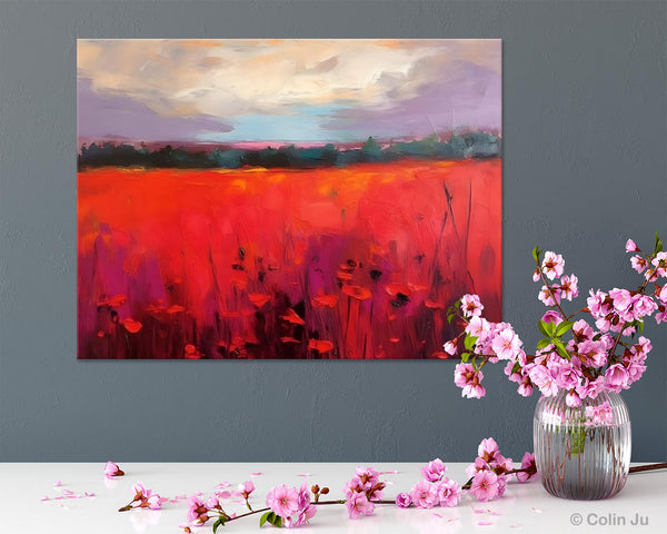 Simple Modern Art, Original Landscape Painting, Landscape Paintings for Living Room, Poppy Filed Canvas Paintings, Large Wall Art Paintings