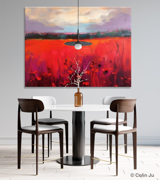 Simple Modern Art, Original Landscape Painting, Landscape Paintings for Living Room, Poppy Filed Canvas Paintings, Large Wall Art Paintings