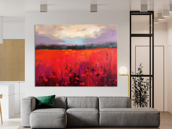 Simple Modern Art, Original Landscape Painting, Landscape Paintings for Living Room, Poppy Filed Canvas Paintings, Large Wall Art Paintings