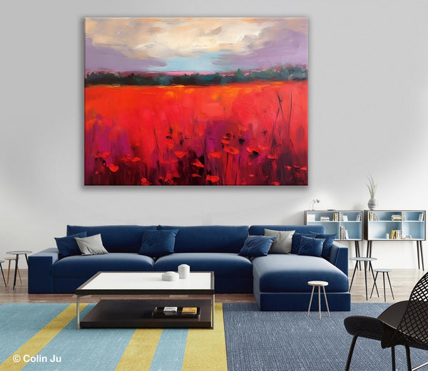 Simple Modern Art, Original Landscape Painting, Landscape Paintings for Living Room, Poppy Filed Canvas Paintings, Large Wall Art Paintings