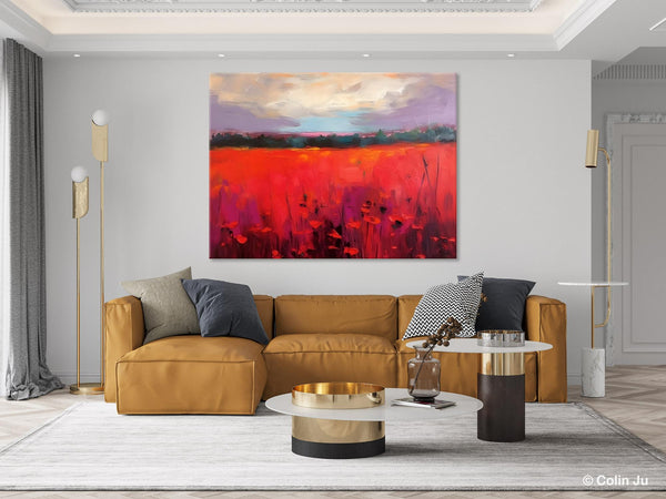 Simple Modern Art, Original Landscape Painting, Landscape Paintings for Living Room, Poppy Filed Canvas Paintings, Large Wall Art Paintings