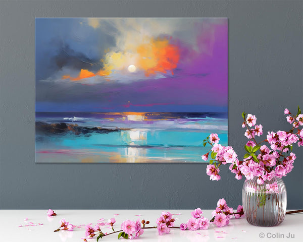 Landscape Painting on Canvas, Hand Painted Canvas Art, Moon Rising from Sea, Contemporary Wall Art Paintings, Extra Large Original Art