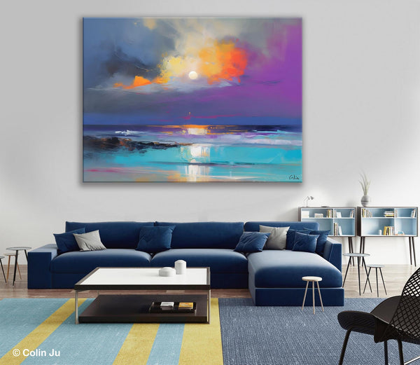 Landscape Painting on Canvas, Hand Painted Canvas Art, Moon Rising from Sea, Contemporary Wall Art Paintings, Extra Large Original Art