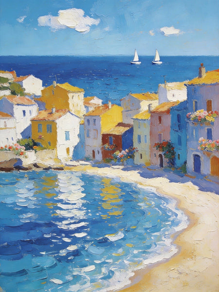 Landscape Paintings for Bedroom, Seaside Hamlet Picturesque View, Hand Painted Canvas Art, Small Oil Paintings, Palette Knife Artwork, Original Canvas Paintings-ArtWorkCrafts.com