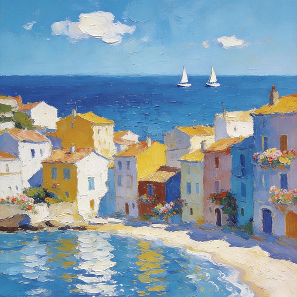 Landscape Paintings for Bedroom, Seaside Hamlet Picturesque View, Hand Painted Canvas Art, Small Oil Paintings, Palette Knife Artwork, Original Canvas Paintings-ArtWorkCrafts.com