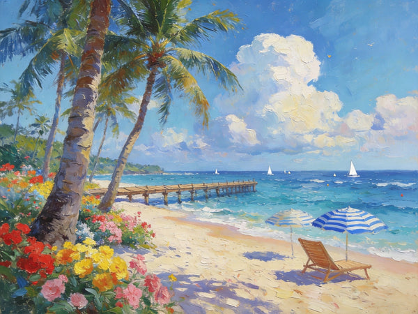Canvas Paintings for Living Room, Beach with Palm Perfection, Hand Painted Canvas Art, Small Oil Paintings, Small Wall Art Paintings, Original Landscape Paintings-ArtWorkCrafts.com