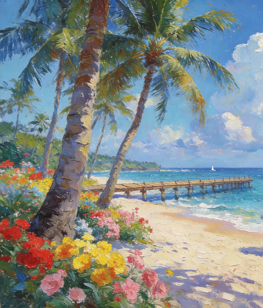 Canvas Paintings for Living Room, Beach with Palm Perfection, Hand Painted Canvas Art, Small Oil Paintings, Small Wall Art Paintings, Original Landscape Paintings-ArtWorkCrafts.com
