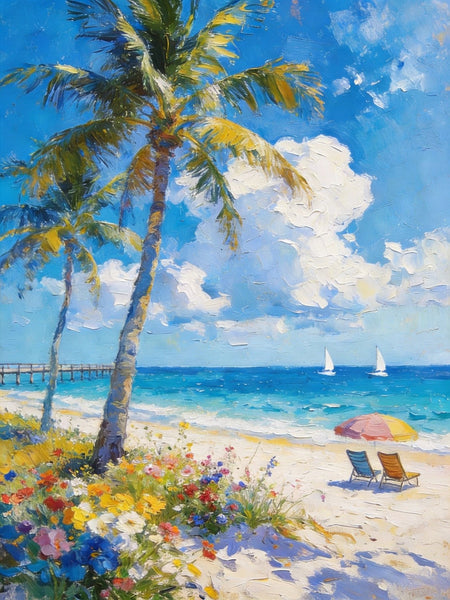 Hand Painted Canvas Wall Art, Tropical Beach Tranquility, Palm Trees Seashore Paintings, Original Oil Paintings, Small Canvas Paintings, Heavy Texture Artwork, Small Canvas Paintings-ArtWorkCrafts.com