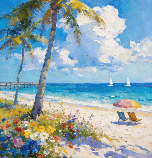 Hand Painted Canvas Wall Art, Tropical Beach Tranquility, Palm Trees Seashore Paintings, Original Oil Paintings, Small Canvas Paintings, Heavy Texture Artwork, Small Canvas Paintings-ArtWorkCrafts.com
