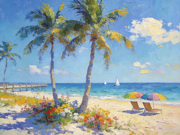 Summer Resort, Seaside Tranquility, Seashore Palm Tree Painting, Landscape Canvas Paintings, Hand Painted Canvas Art, Small Oil Paintings, Small Wall Art Paintings, Original Canvas Paintings-ArtWorkCrafts.com