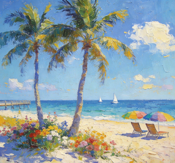 Summer Resort, Seaside Tranquility, Seashore Palm Tree Painting, Landscape Canvas Paintings, Hand Painted Canvas Art, Small Oil Paintings, Small Wall Art Paintings, Original Canvas Paintings-ArtWorkCrafts.com