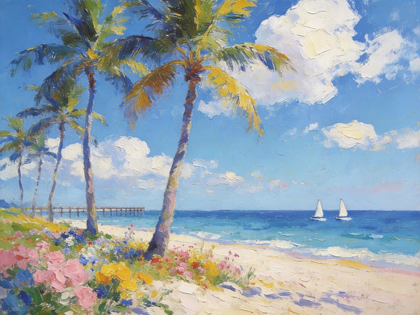 Landscape Paintings on Canvas, Beach Paradise with Palm Trees, Seashore Beach Paintings, Buy Paintings Online, Palette Knife Oil Paintings, Hand Painted Canvas Art, Original Oil Paintings-ArtWorkCrafts.com
