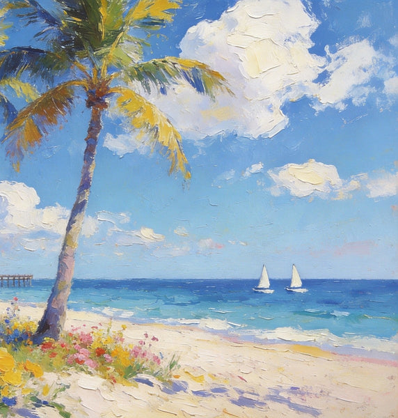 Landscape Paintings on Canvas, Beach Paradise with Palm Trees, Seashore Beach Paintings, Buy Paintings Online, Palette Knife Oil Paintings, Hand Painted Canvas Art, Original Oil Paintings-ArtWorkCrafts.com