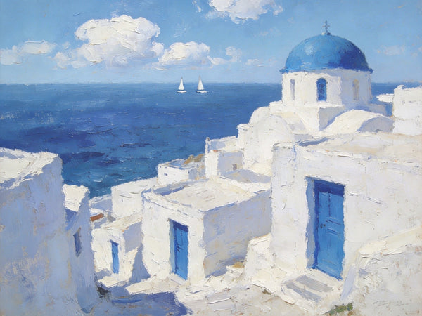 Palette Knife Oil Paintings, Aegean's Azure Allure, Seashore Beach Paintings, Landscape Canvas Paintings, Small Landscape Paintings on Canvas, Hand Painted Canvas Art, Original Oil Paintings-ArtWorkCrafts.com