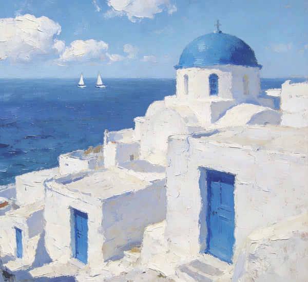 Palette Knife Oil Paintings, Aegean's Azure Allure, Seashore Beach Paintings, Landscape Canvas Paintings, Small Landscape Paintings on Canvas, Hand Painted Canvas Art, Original Oil Paintings-ArtWorkCrafts.com