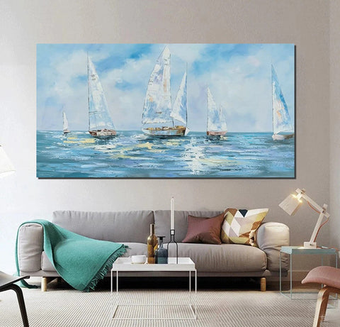 Contemporary Canvas Artwork, Abstract Wall Art Paintings, Modern Art Paintings for Dining Room, Sail Boat Acrylic Paintings on Canvas, Hand Painted Wall Art Paintings-ArtWorkCrafts.com