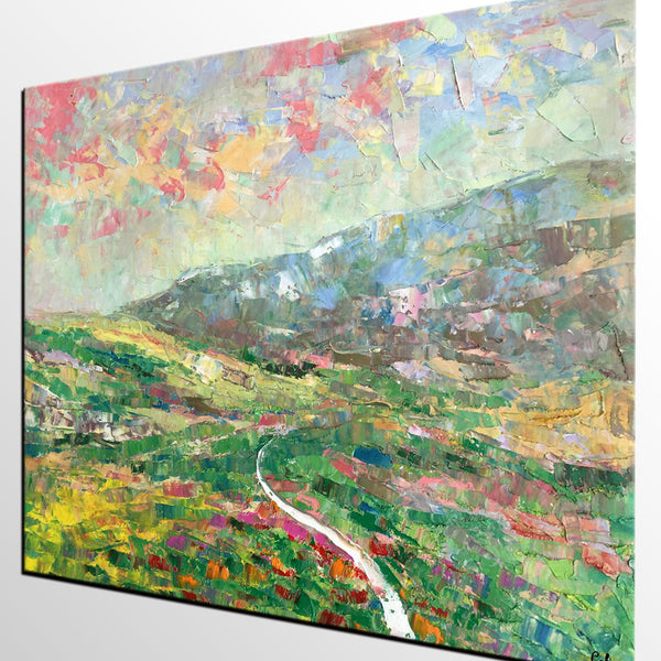 Mountain Landscape Painting, Palette Knife Paintings, Custom Wall Art Painting on Canvas, Spring Mountain Painting-ArtWorkCrafts.com