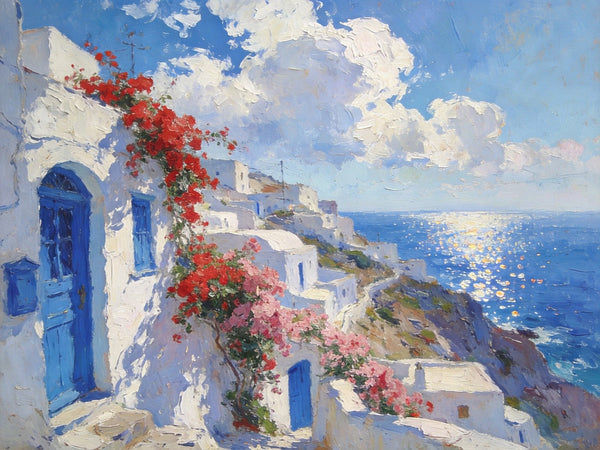 Small Original Oil Paintings, Coastal Charm of the Aegean, Hand Painted Canvas Art, Landscape Wall Art Paintings, Landscape Paintings for Living Room-ArtWorkCrafts.com