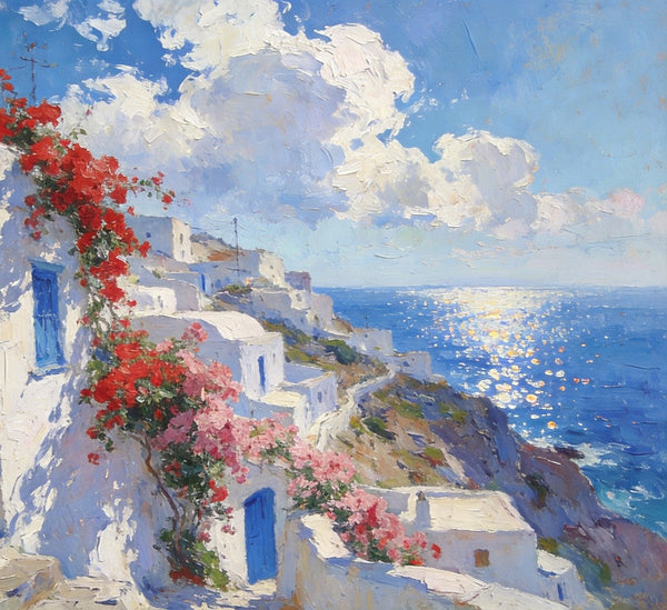 Small Original Oil Paintings, Coastal Charm of the Aegean, Hand Painted Canvas Art, Landscape Wall Art Paintings, Landscape Paintings for Living Room-ArtWorkCrafts.com