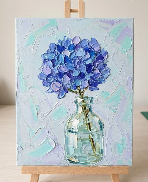 Hand Painted Canvas Artwork, Blue Hydrangea Flowers in Glass Vase, Original Flower Paintings, Original Acrylic Painting on Canvas, Small Canvas Artwork for Sale, Impasto Canvas Art