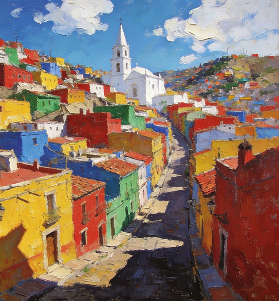 Canvas Wall Art Paintings, Guanajuato's Chromatic Charm, Hand Painted Canvas Art, Small Oil Paintings, Landscape Canvas Paintings, Original Canvas Paintings-ArtWorkCrafts.com