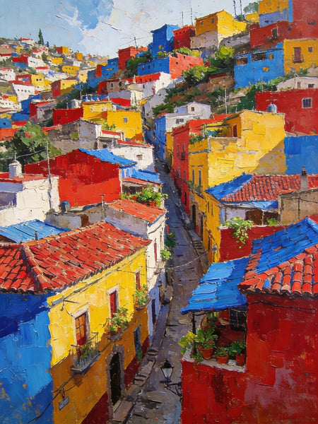 Original Wall Art Paintings, Guanajuato's Vibrant Hilltop Village, Hand Painted Canvas Wall Art, Heavy Texture Artwork, Small Oil Paintings-ArtWorkCrafts.com
