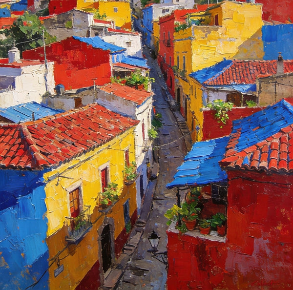 Original Wall Art Paintings, Guanajuato's Vibrant Hilltop Village, Hand Painted Canvas Wall Art, Heavy Texture Artwork, Small Oil Paintings-ArtWorkCrafts.com