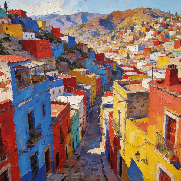 The Painted Guanajuato Town on the Hill, Canvas Wall Art Paintings,Landscape Canvas Paintings, Hand Painted Canvas Art, Original Oil Paintings, Buy Small Canvas Paintings-ArtWorkCrafts.com