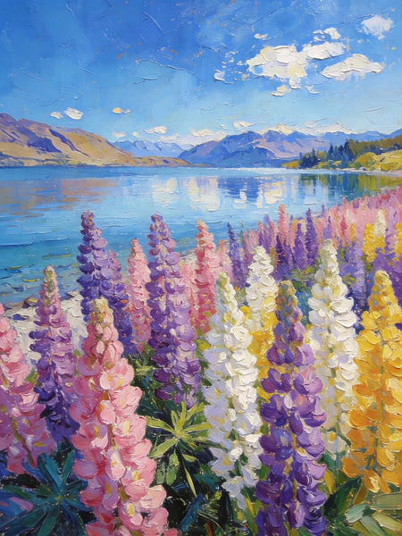 Small Oil Paintings, Scenic Lake Pukaki with Flowers, Heavy Texture Artwork, Hand Painted Canvas Art, Original Landscape Paintings, Canvas Paintings for Bedroom-ArtWorkCrafts.com