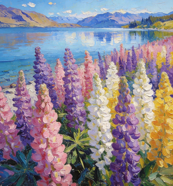 Small Oil Paintings, Scenic Lake Pukaki with Flowers, Heavy Texture Artwork, Hand Painted Canvas Art, Original Landscape Paintings, Canvas Paintings for Bedroom-ArtWorkCrafts.com