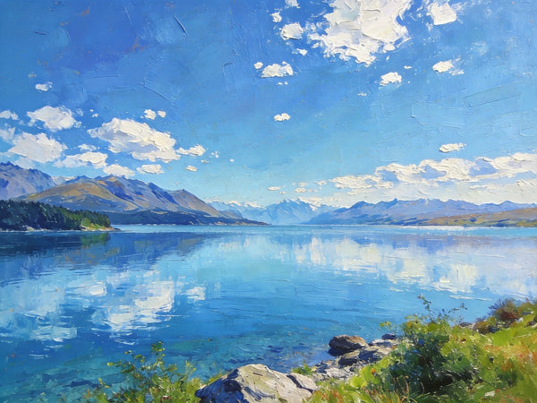 Picturesque Lake and Mountain View, Hand Painted Canvas Art, Original Landscape Paintings, Small Oil Paintings, Canvas Paintings for Living Room, Buy Paintings Online-ArtWorkCrafts.com