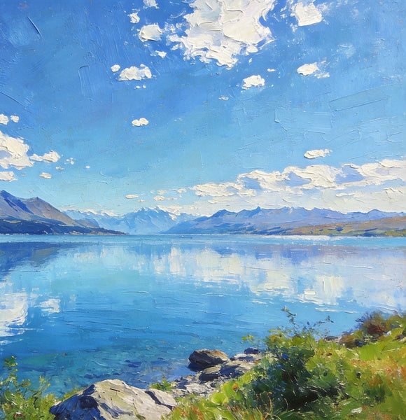 Picturesque Lake and Mountain View, Hand Painted Canvas Art, Original Landscape Paintings, Small Oil Paintings, Canvas Paintings for Living Room, Buy Paintings Online-ArtWorkCrafts.com