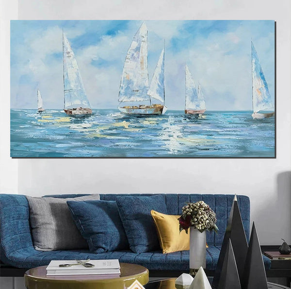 Contemporary Canvas Artwork, Abstract Wall Art Paintings, Modern Art Paintings for Dining Room, Sail Boat Acrylic Paintings on Canvas, Hand Painted Wall Art Paintings-ArtWorkCrafts.com