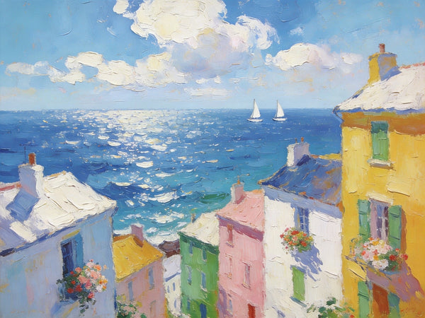 Landscape Paintings for Living Room, Seaside Town Enchanting Landscape, Hand Painted Canvas Art, Small Canvas Paintings, Landscape Wall Art Paintings, Original Oil Paintings-ArtWorkCrafts.com