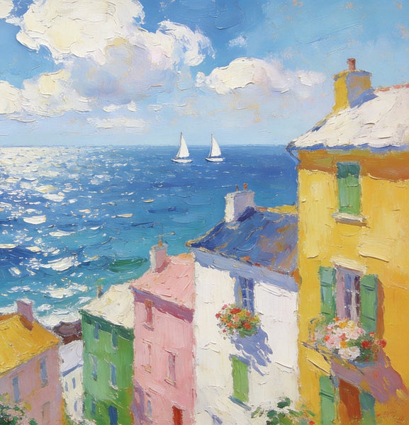 Landscape Paintings for Living Room, Seaside Town Enchanting Landscape, Hand Painted Canvas Art, Small Canvas Paintings, Landscape Wall Art Paintings, Original Oil Paintings-ArtWorkCrafts.com