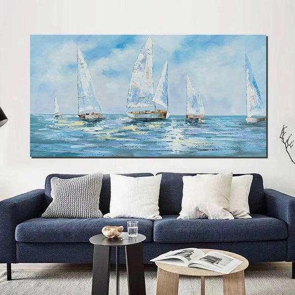 Contemporary Canvas Artwork, Abstract Wall Art Paintings, Modern Art Paintings for Dining Room, Sail Boat Acrylic Paintings on Canvas, Hand Painted Wall Art Paintings-ArtWorkCrafts.com