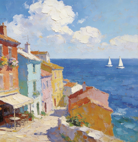 Original Landscape Paintings, Beach Town Serenity, Small Oil Paintings, Buy Painting Online, Hand Painted Canvas Art, Heavy Texture Artwork-ArtWorkCrafts.com