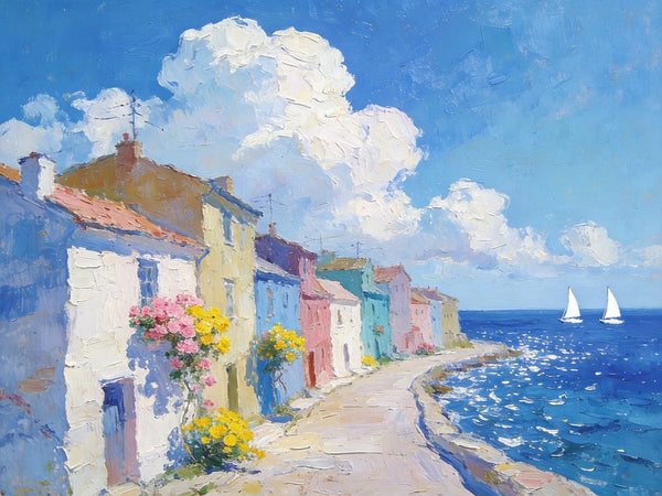 Small Landscape Paintings on Canvas, Coastal Town Dreamy Vista, Seashore Beach Paintings, Landscape Canvas Paintings, Palette Knife Oil Paintings, Hand Painted Canvas Art, Original Oil Paintings-ArtWorkCrafts.com