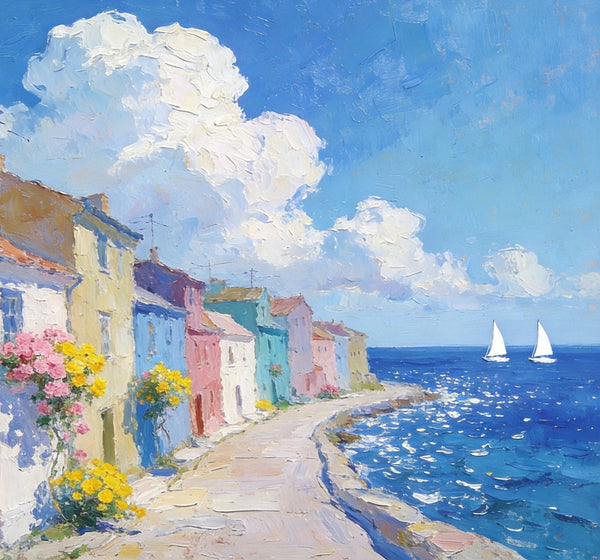 Small Landscape Paintings on Canvas, Coastal Town Dreamy Vista, Seashore Beach Paintings, Landscape Canvas Paintings, Palette Knife Oil Paintings, Hand Painted Canvas Art, Original Oil Paintings-ArtWorkCrafts.com
