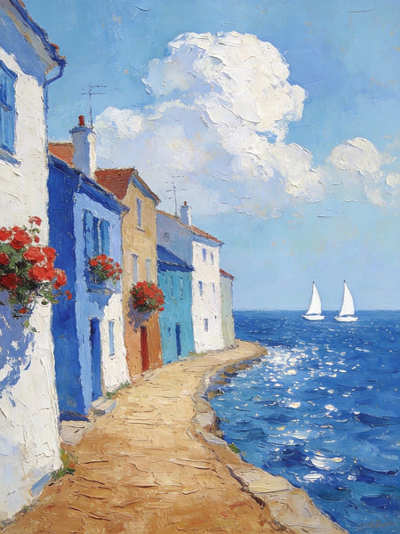 Palette Knife Artwork, Seaside Town Peaceful Ambiance, Hand Painted Canvas Art, Small Oil Paintings, Original Canvas Paintings, Landscape Paintings for Bedroom-ArtWorkCrafts.com