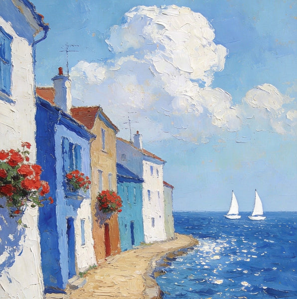 Palette Knife Artwork, Seaside Town Peaceful Ambiance, Hand Painted Canvas Art, Small Oil Paintings, Original Canvas Paintings, Landscape Paintings for Bedroom-ArtWorkCrafts.com
