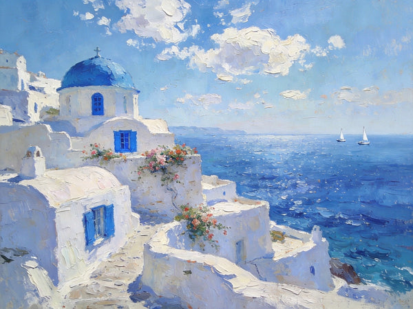 The Blue Domed Church by the Sea, Hand Painted Canvas Art, Small Oil Paintings, Heavy Texture Artwork, Landscape Canvas Paintings, Original Canvas Paintings-ArtWorkCrafts.com
