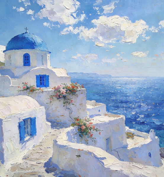 The Blue Domed Church by the Sea, Hand Painted Canvas Art, Small Oil Paintings, Heavy Texture Artwork, Landscape Canvas Paintings, Original Canvas Paintings-ArtWorkCrafts.com