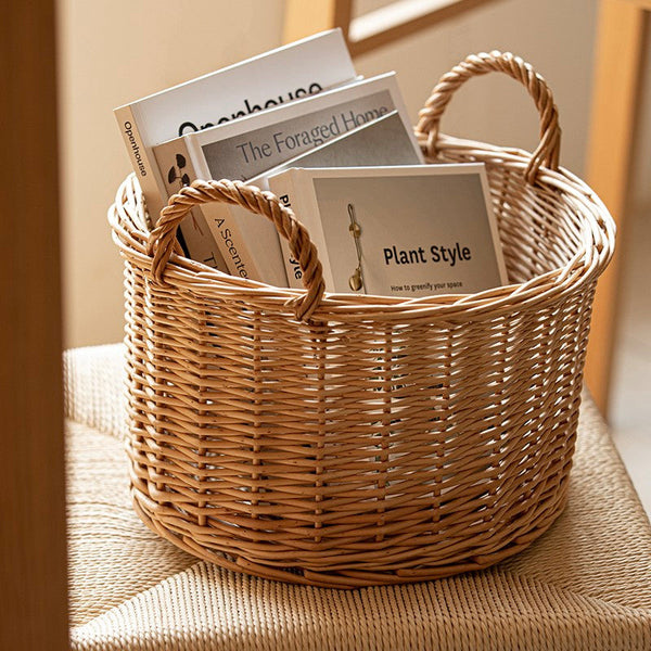 Small Picnic Fruit Basket with Handle, Kitchen Storage Baskets, Natural Hand-woven Wicker Round Storage Basket, Small Willow Weaving Baskets for Vegetable, Natural Fruit Storage Basket-ArtWorkCrafts.com