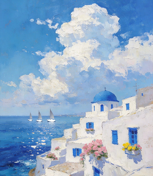 Greek Dream by the Aegean, Seashore Paintings, Canvas Paintings for Bedroom, Original Landscape Paintings, Heavy Texture Artwork, Small Oil Paintings, Hand Painted Canvas Art-ArtWorkCrafts.com