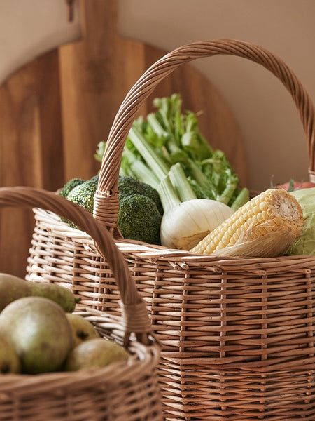 Large Picnic Food Basket with Handle, Natural Hand-woven Wicker Storage Basket, Willow Weaving Baskets for Vegetable, Natural Fruit Basket, Kitchen Storage Baskets-ArtWorkCrafts.com