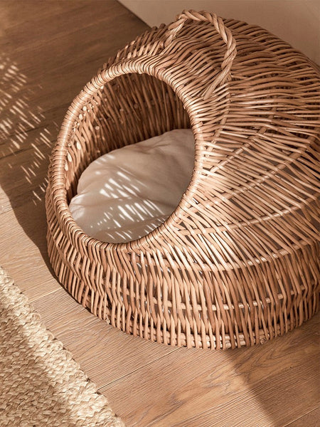 Indoor Cat Bed, Natural Wicker Cat House Basket with Washable Cushion for Indoor Cats and Dogs-ArtWorkCrafts.com