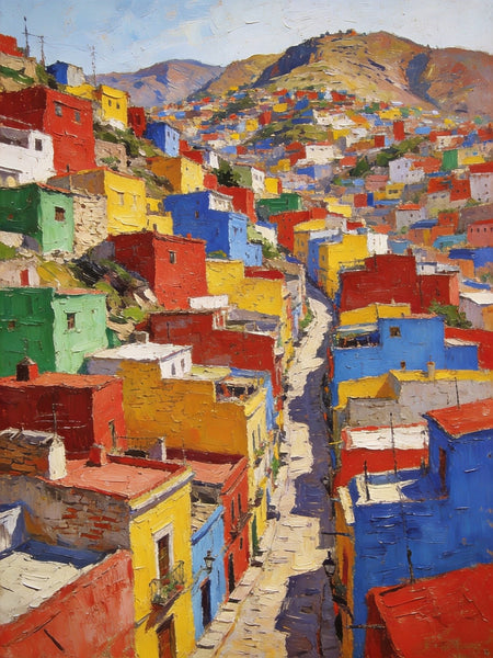 Original Landscape Art, Guanajuato's Hued Houses and Winding Paths, Small Oil Paintings, Hand Painted Canvas Art, Heavy Texture Wall Art Paintings, Landscape Paintings for Bedroom-ArtWorkCrafts.com